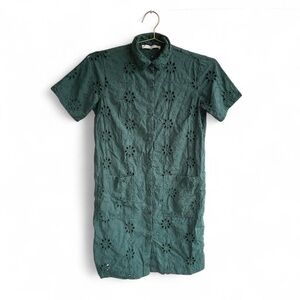 Emerald Green Eyelet Shirt Dress – LOFT – 100% Cotton – Button Front – Size XS